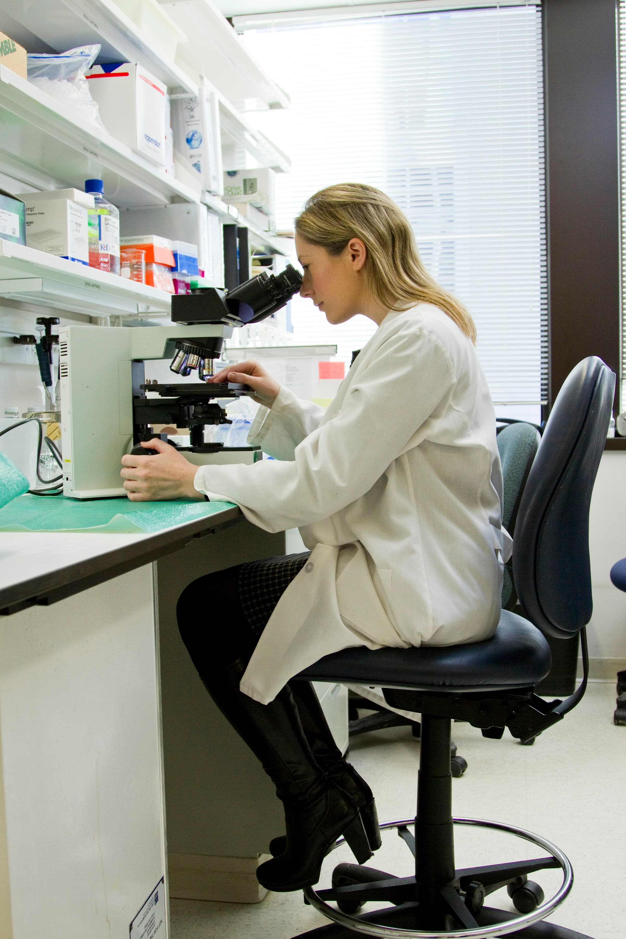 Scientist examining samples under a microscope in a pharmaceutical research laboratory