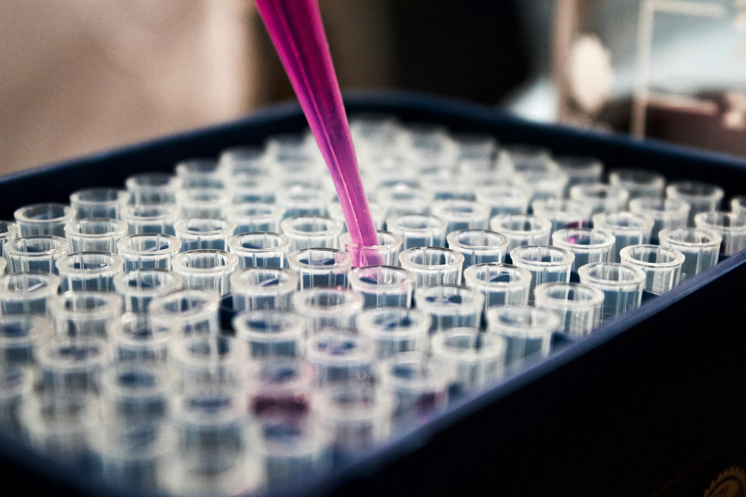 Researcher dispensing samples into a multi-well plate in a pharmaceutical quality-control laboratory